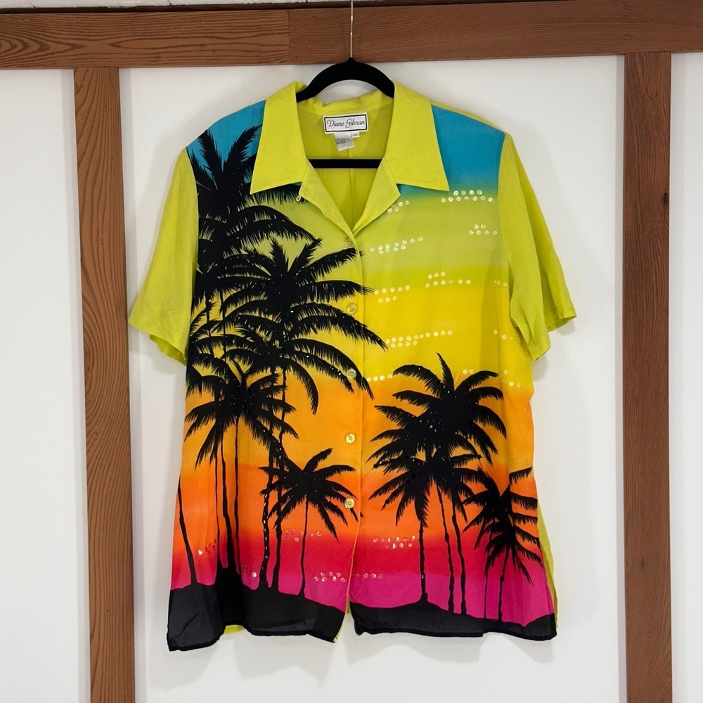 Vintage Diane Gilman Silk Tropical Sunset Button Up Shirt 2X‎ Lime Sequin Rave